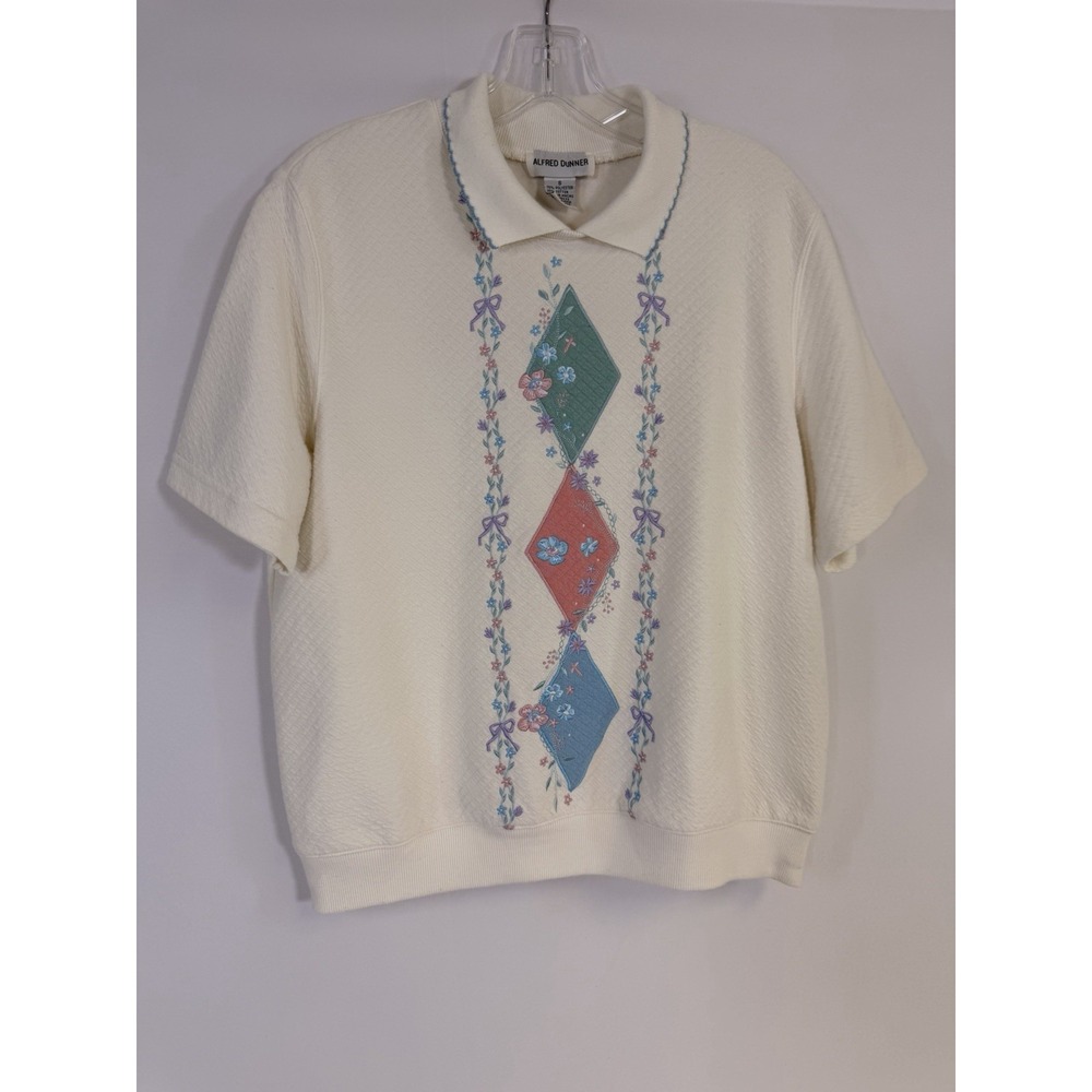 VTG Woman's Waffle Knit Floral Diamond Embroidered Grannycore Polo White Sz S